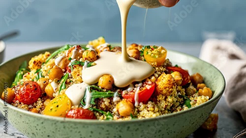 Pouring tahini dressing over a bowl of couscous salad with chickpeas, Healthy quinoa salad bowl with chickpeas and tomatoes drizzled with dressing, 4k video