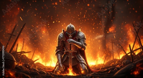 A knight in heavy armor kneels amidst a fiery battlefield with swords and flames surrounding him
