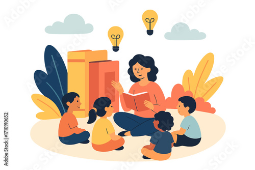 A heartwarming illustration of a dedicated teacher captivating young minds with an engaging storybook, fostering creativity, knowledge, imaginative learning, and a passion for discovery in a vibrant e