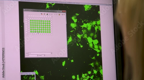 Close-up detailed view of a scientist using a computer to examine microscopy data from a laboratory machine, highlighting red and green structures — perfect for themes of research, science, analysis, 