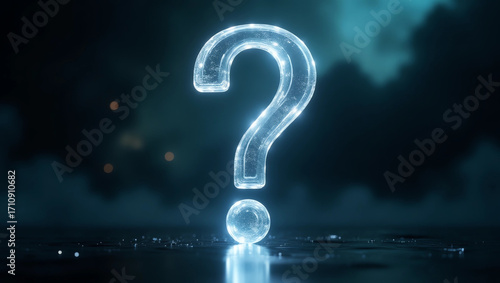 3D glowing question mark on a dark background representing thinking, creativity and problem solving