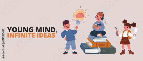 Cartoon vector illustration of three children in a learning process, a girl with paintbrushes, boys with audiobooks, and a boy holding a lightbulb with a brain inside