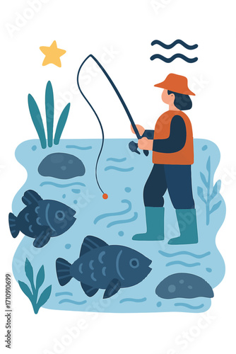 Digital illustration of a lone angler fishing under a shimmering night sky, with a bright star overhead. Two fish swim peacefully in the serene blue waters of a calm pond, surrounded by aquatic plants