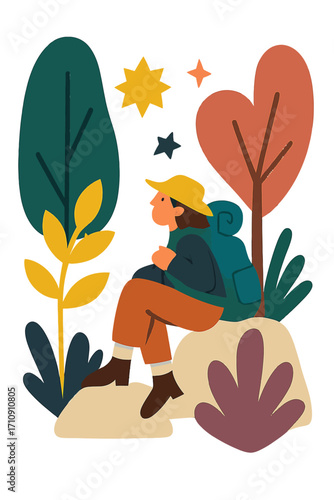 A tranquil, stylized digital illustration featuring a lone adventurer in a yellow hat and blue backpack, pausing on a glowing rock amid an enchanted forest. Abstract trees, glowing plants, and celesti