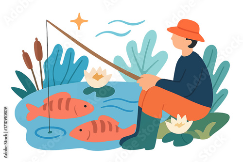 A serene illustration depicting a person in an orange hat and boots, seated by a glowing pond, patiently fishing with a rod. Two vibrant orange fish swim below the surface amidst glowing water lilies