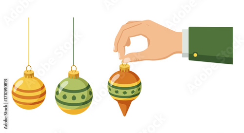 Hand placing christmas ornament on string with festive baubles in flat design