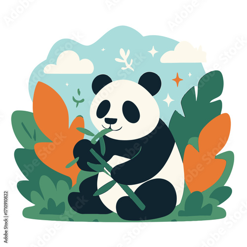 Delightful flat design: adorable cartoon panda eating bamboo in whimsical forest. Serene blue sky, fluffy clouds, twinkling stars, vibrant foliage. Great for kids, ecology, animal lovers, showcasing n