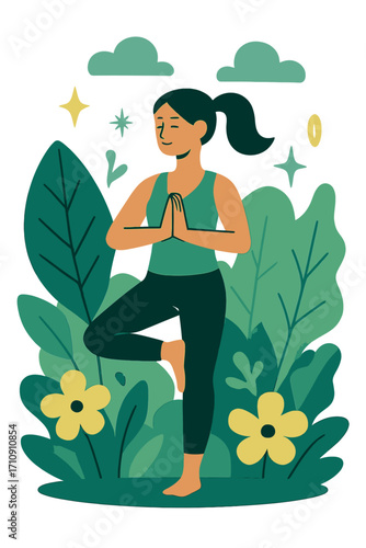A serene woman performs the peaceful yoga Tree Pose (Vrksasana) amidst lush botanical leaves, vibrant yellow flowers, and sparkling celestial lights, radiating profound inner peace and deep mindfulnes