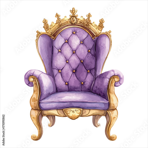 Ornate purple tufted armchair with a golden crown and ornate golden legs Keywords: armchair, throne, chair, royal