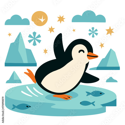 Happy Cartoon Penguin on an Ice Floe with Fish, Icebergs, Glowing Stars, and a Stylized Moon in a Serene Arctic Night Landscape. Whimsical Digital Illustration for Children's Themes & Winter Decor.