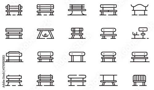 Vector outline collection of urban benches including park, garden, seat, outdoor, wooden, backrest, furniture, and leisure illustrations
