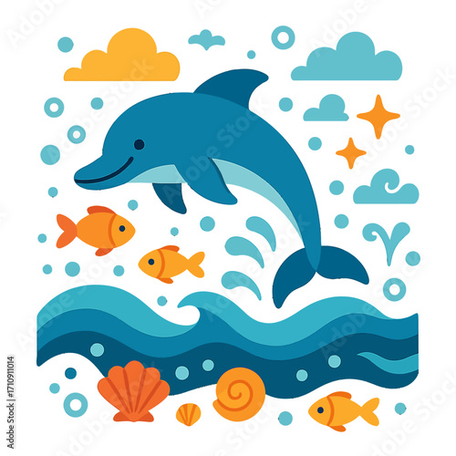 Whimsical Ocean Adventure: A Joyful Blue Dolphin Leaping Above Vibrant Waves with Cheerful Orange Fish, Glowing Seashells, and Bubbles Under a Sunny Sky. Ideal for Children's Decor, Learning, and Sere
