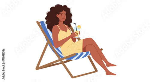Relaxing woman on beach chair with drink in hand drawn style