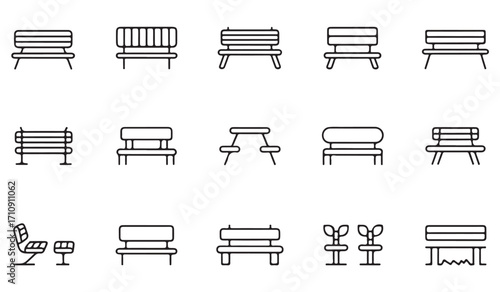Minimal bench and seating icon set with outdoor furniture, garden, wooden, park, landscape, picnic, and decor illustrations