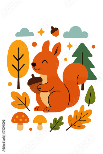 Charming autumnal illustration of a happy, smiling orange squirrel clutching a prized acorn amidst a whimsical glowing forest scene. Features stylized trees, vibrant fall foliage, cute mushrooms, and