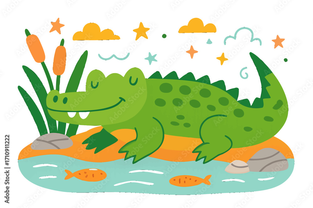 Obraz premium A vibrant and enchanting digital illustration featuring a cheerful, smiling green alligator resting peacefully on a sandy bank beside a calm blue pond. Adorable orange fish swim below, while tall catt
