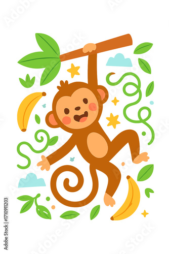 Adorable Cartoon Monkey Swings Playfully on a Glowing Jungle Branch Amidst Vibrant Green Leaves and Bananas, Surrounded by Twinkling Stars and Cheerful Clouds – A Whimsical Tropical Illustration for K