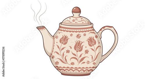 Vintage floral teapot with decorative patterns and steam on white background