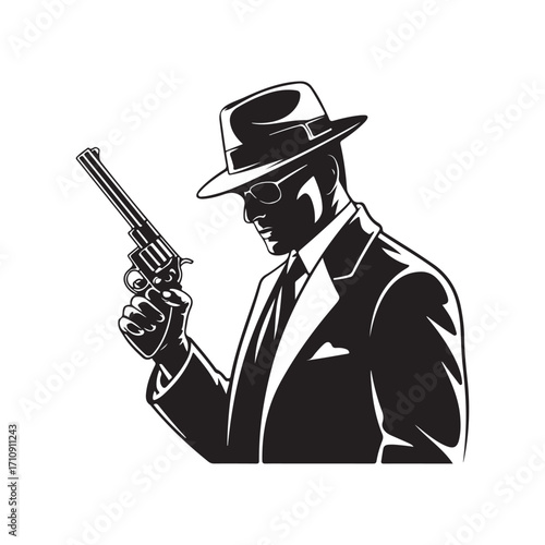 Black and white illustration of a man in a fedora hat and suit holding a revolver silhouette