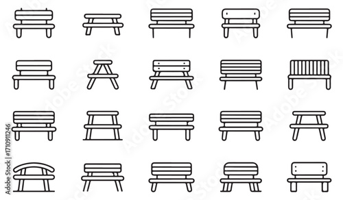 Vector outline icons of benches including park, garden, wooden, backrest, picnic, chair, landscape, outdoor furniture, and relaxation illustrations