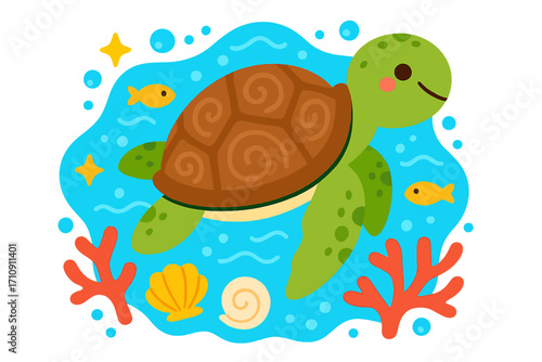 Adorable cartoon sea turtle swimming happily in a vibrant underwater ocean scene, surrounded by colorful coral, shimmering shells, playful fish, and sparkling light, a perfect joyful children's illust