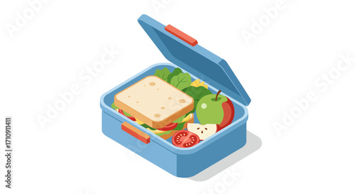 Isometric lunchbox with fresh sandwich and fruits on white background