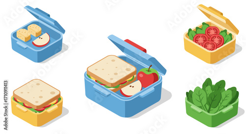 Colorful isometric lunchbox set with sandwiches and fresh fruits