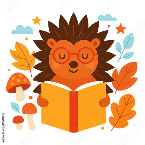 A charming and whimsical autumn illustration depicts a cute, bespectacled hedgehog engrossed in reading a beautifully glowing book, surrounded by radiant fall leaves, magical mushrooms, and ethereal l