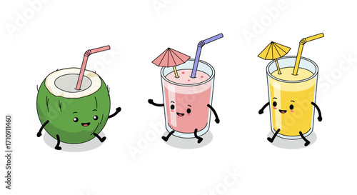 Cheerful cartoon beverages: coconut, smoothie, and juice characters with straws