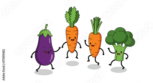 Playful cartoon vegetables dancing: eggplant, carrot, broccoli characters