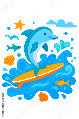 A captivating illustration featuring a joyful blue cartoon dolphin expertly riding an orange surfboard atop vibrant blue waves, surrounded by glowing starfish, playful fish, sparkling bubbles, and shi