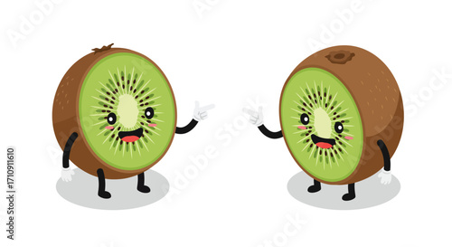Playful cartoon kiwis with animated faces and arms in a fun isometric style