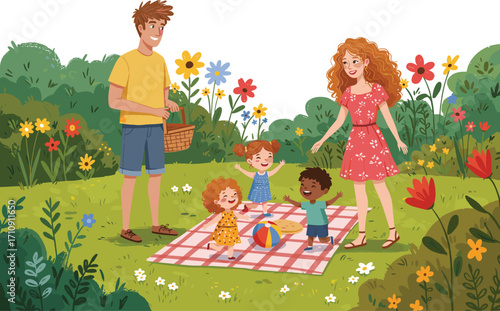 Happy family picnic in flower garden, diverse parents and kids enjoying outdoor play, bonding, nature, summer fun, relaxation, togetherness, love
