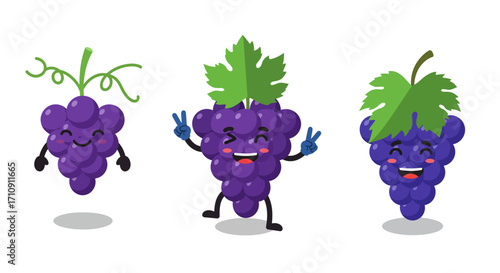 Cute cartoon grapes with leaves and smiling faces in playful style