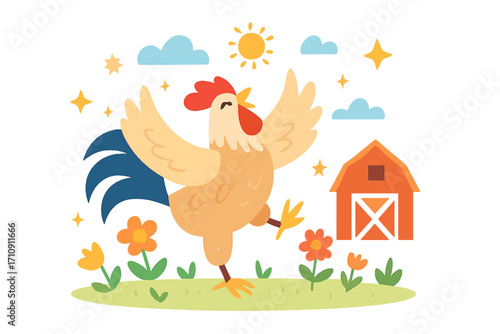 Vibrant farm illustration featuring a joyful rooster celebrating morning with spread wings. A golden glow illuminates the scene with sun, clouds, stars, colorful flowers, and a classic red barn on gre