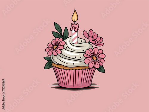 A beautifully decorated cupcake, adorned with pink frosting, fresh flowers, and a lit candle, takes center stage.