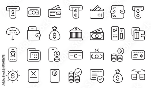 Vector pack of minimal finance icons including money bag, ATM, wallet, coins, bank, calculator, credit, debit, online banking, and payment transaction symbols