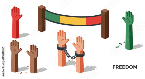Hands breaking chains and barriers: isometric symbol of freedom and liberation