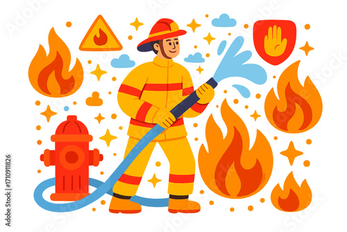 Firefighter fighting fire with hose. Fire safety illustration featuring a red hydrant, flame warning sign, and a stop shield. Depicts heroic emergency response, fire prevention, and community protecti