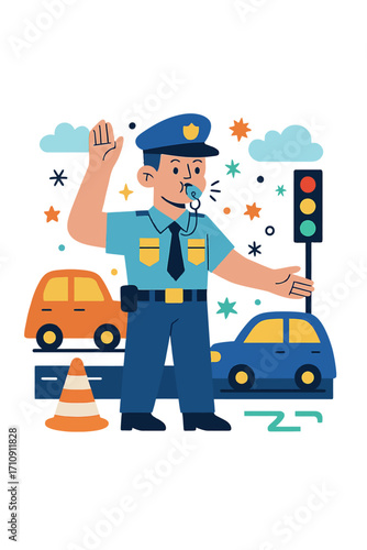 A vigilant police officer masterfully directs bustling night traffic using a whistle and illuminated traffic light, ensuring safety and smooth flow for vibrant cars on a dark, glowing road, embodying