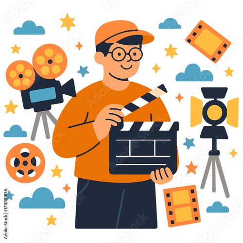 Vibrant illustration of a smiling film director in an orange cap and shirt, holding a clapperboard, surrounded by classic movie production equipment like a camera, film reels, a spotlight, and film st