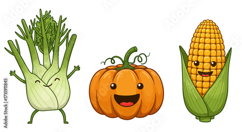 Cute cartoon vegetables: happy fennel, pumpkin, and corn with smiling faces