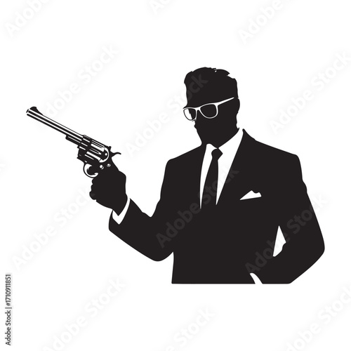 Silhouette of a man in a suit and glasses holding a revolver vector