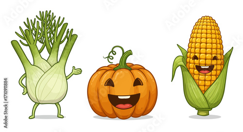 Cartoon vegetables: happy fennel, pumpkin, and corn characters with smiling f…
