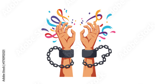 Freedom concept: hands breaking chains with colorful ribbons in background