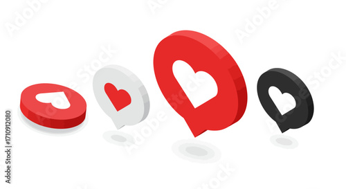 Colorful 3d heart icons in speech bubbles for social media engagement