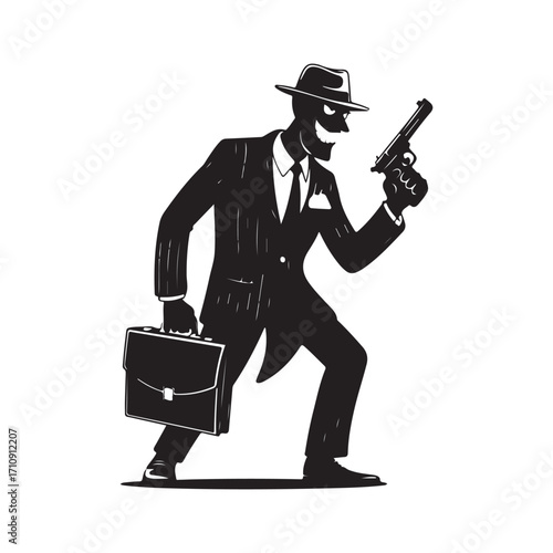 Black silhouette of a man in a fedora suit holding a briefcase and a pistol black and white 1