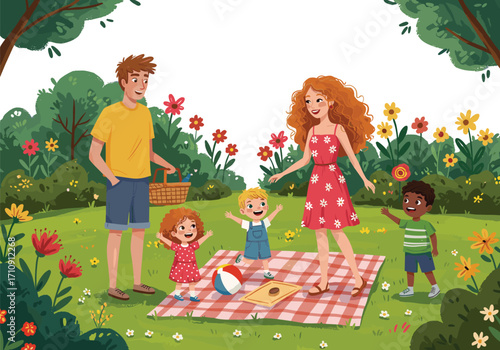 Happy family picnic in flower garden, parents and children bonding, outdoor play, summer fun, nature, love, togetherness, cheerful lifestyle, joy
