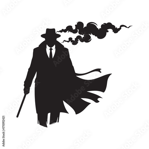 Black silhouette of a man in a fedora and trench coat with smoke emanating from his mouth and a cane in his hand