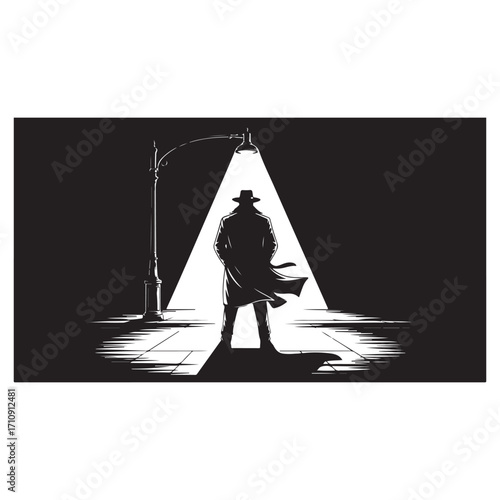 Silhouette of a man in a trench coat and fedora standing under a street lamp on a sidewalk fedora hat